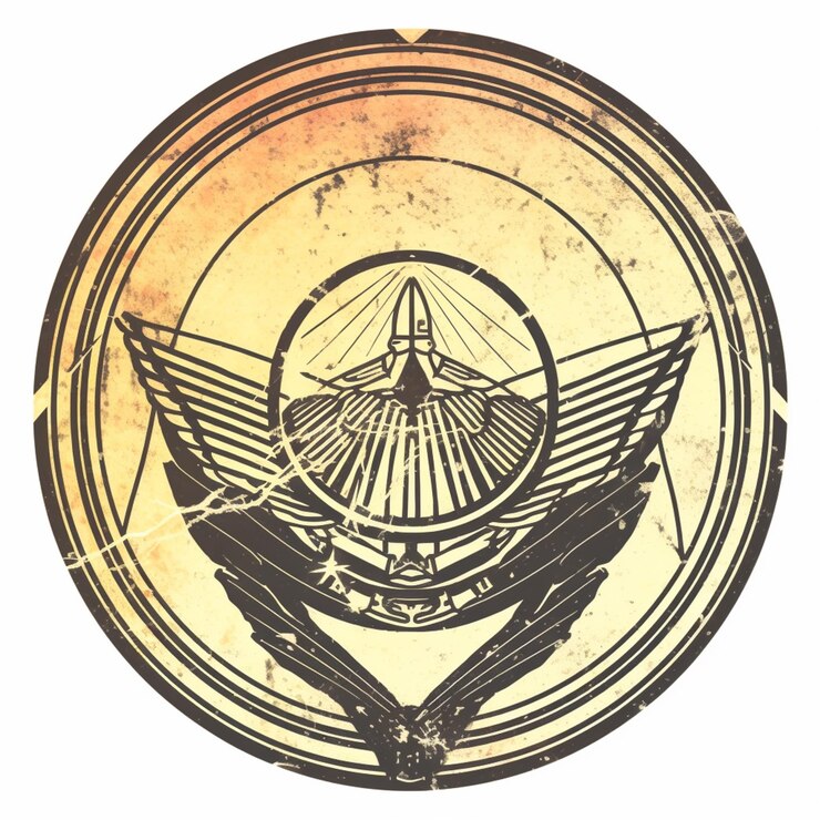Foto imagen arrafada de un emblema circular con un pájaro y una estrella generativa ai
