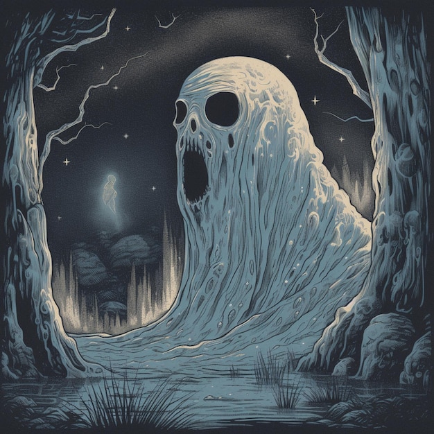 imagen arrafada de un fantasma en un bosque por la noche generativa ai