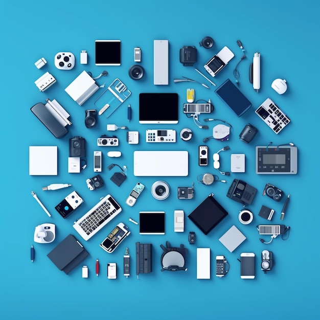 Foto imagen arrafada de un fondo azul con muchos dispositivos electrónicos generativos ai