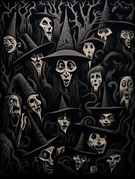 Foto imagen arrafada de un grupo de brujas con sombreros y caras generativas ai