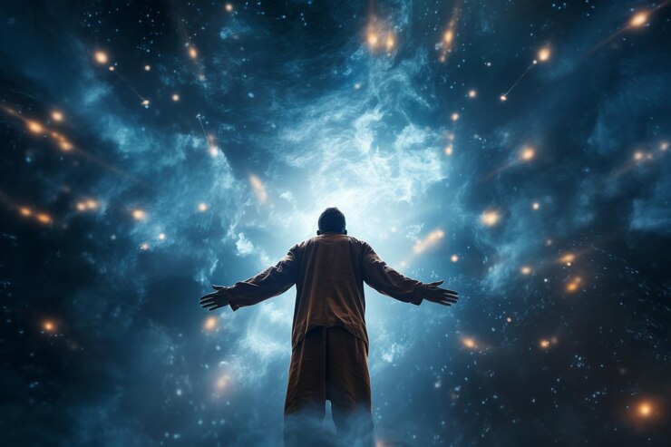 Foto imagen arrafada de un hombre de pie frente a un fondo azul oscuro