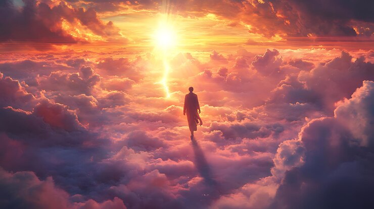 Foto imagen arrafada de un hombre de pie en las nubes con una luz brillante
