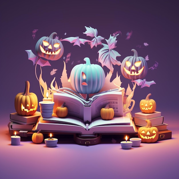 imagen arrafada de un libro con decoraciones de Halloween y calabazas generativa ai