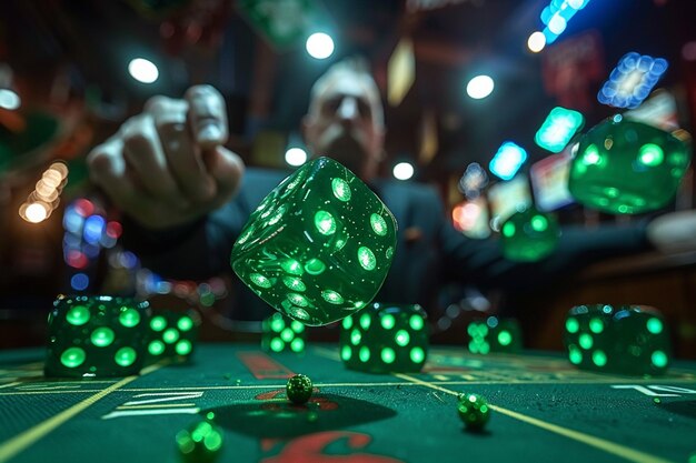 Foto imagen arrafada de una mesa de casino con dados y cartas de juego generativa ai