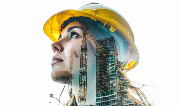 Foto imagen arrafada de una mujer con un sombrero duro y un sitio de construcción generativo ai