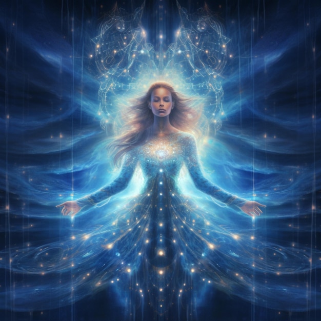 Foto imagen arrafada de una mujer con un vestido azul y una estrella en su cabello generativo ai