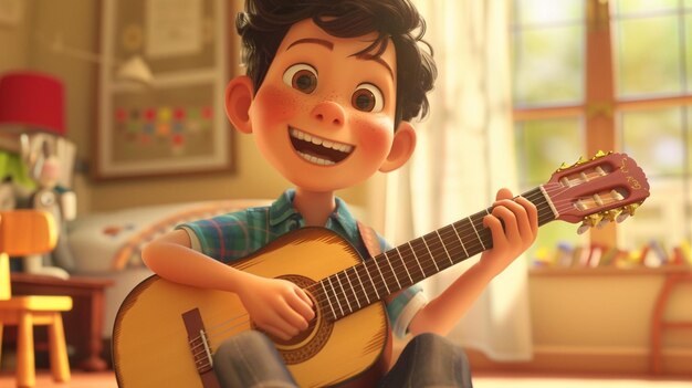 imagen arrafada de un niño de dibujos animados tocando una guitarra generativa ai