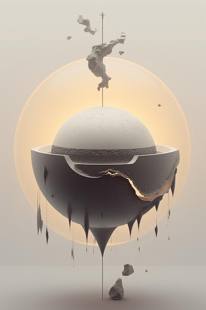 Imagen arrafada de un objeto flotante con una gran cúpula y un pájaro volando sobre ella