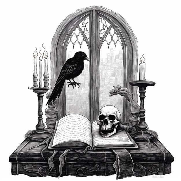 Foto imagen arrafada de un pájaro negro sentado en un libro con un cráneo y velas generativa ai