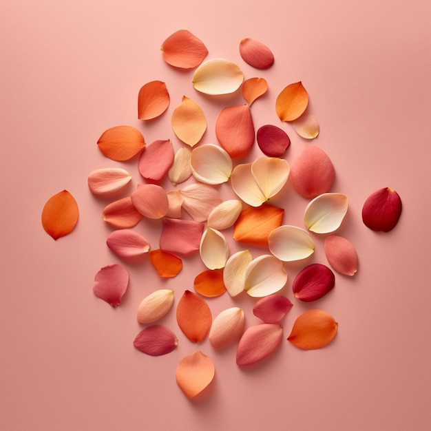 Imagen arrafada de una pila de pétalos en una superficie rosada generativa ai