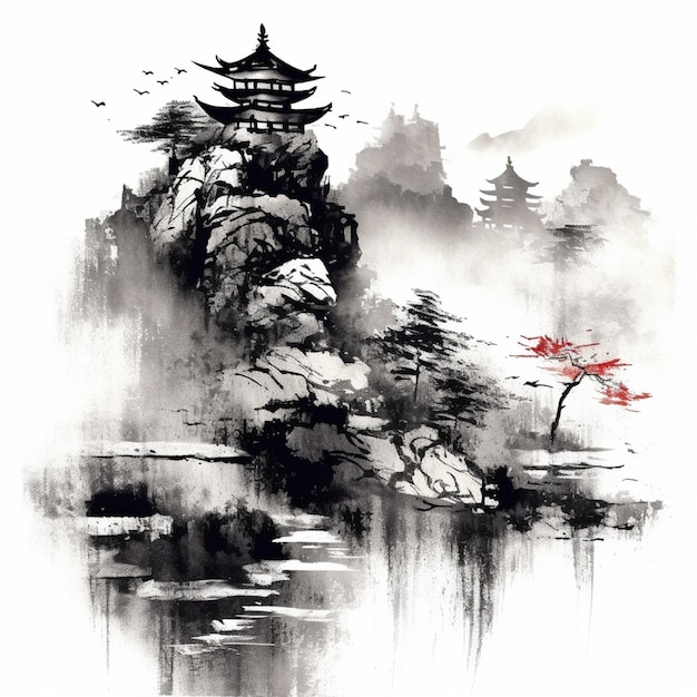 Imagen arrafada de una pintura de una pagoda y un árbol generativo ai