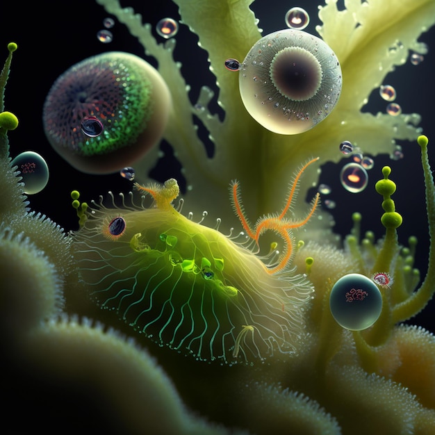imagen arrafed de un grupo de algas y otras vidas acuáticas generativas ai