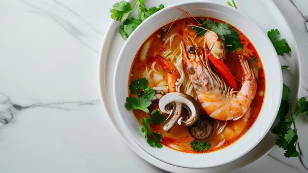 Imagen de arriba hacia abajo de un clásico Tom Yum Goong sobre un fondo blanco