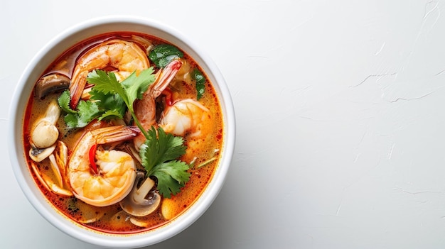 Imagen de arriba hacia abajo de un clásico Tom Yum Goong sobre un fondo blanco