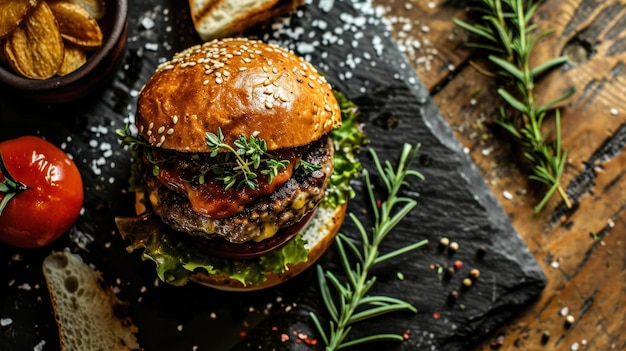 Imagen de arriba hacia abajo de una hamburguesa gourmet con ingredientes creativos en un plato de pizarra