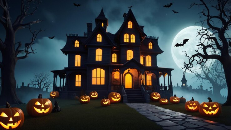 Imagen de arte de Halloween con una casa embrujada espeluznante
