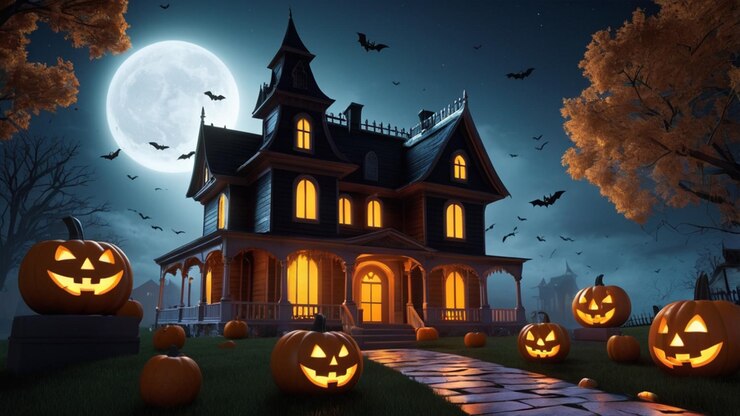 Imagen de arte de Halloween con una casa embrujada espeluznante