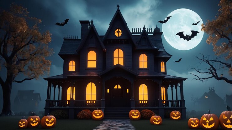 Imagen de arte de Halloween con una casa embrujada espeluznante