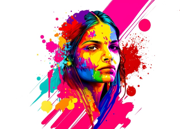 Imagen artística sobre el tema de las vacaciones indias holi con pinturas de una niña frente a un toque de pintura