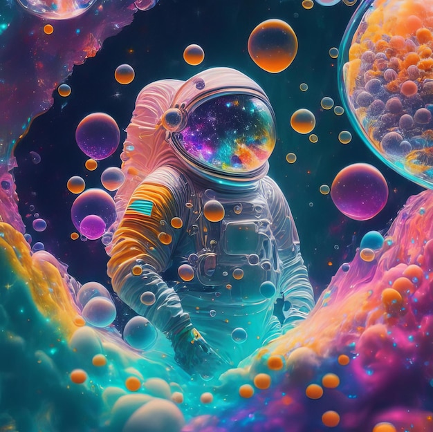 Imagen de un astronauta en una colorida galaxia de burbujas en otro planeta