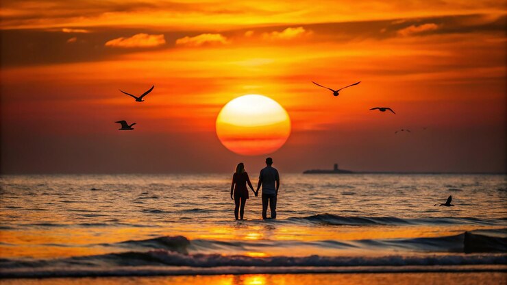 Imagen de un atardecer ardiente con aguas reflectantes