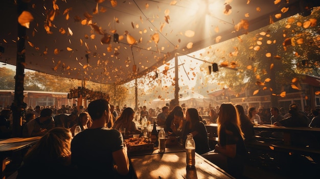 Una imagen atmosférica de una tienda de cerveza llena de personas celebrando el Oktoberfest