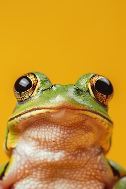 La imagen atractiva de una rana con una expresión peculiar en un telón de fondo amarillo vívido es ideal para la comercialización de proyectos creativos o contenido educativo Copiar espacio para texto IA generativa