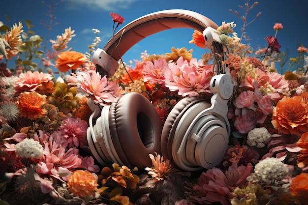 Una imagen de auriculares con flores a su alrededor.