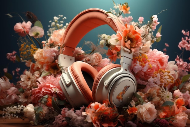 Una imagen de auriculares con flores a su alrededor.