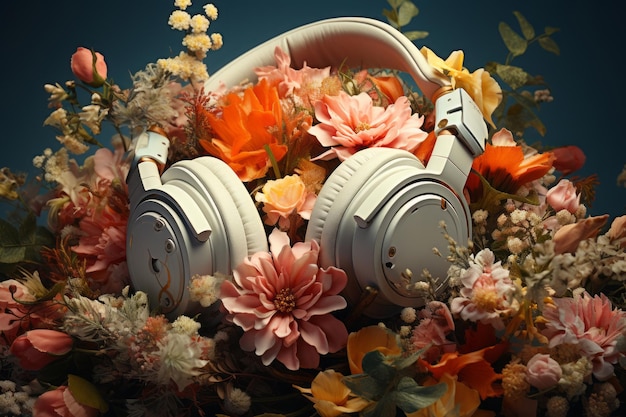 Una imagen de auriculares con flores a su alrededor.