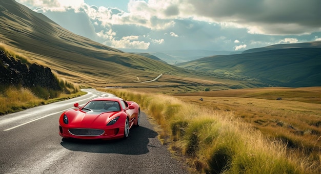 Foto una imagen de un auto deportivo rojo en una pintoresca carretera rural