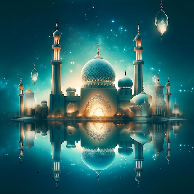 Una imagen azul y amarilla de una mezquita con luces encendidas