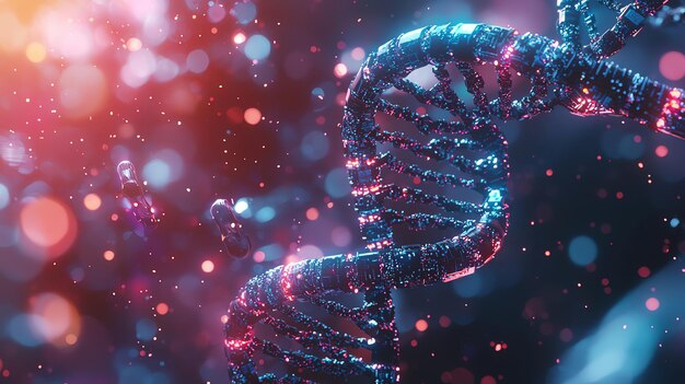 una imagen azul y rosa de un ADN con un objeto en forma de corazón en el centro