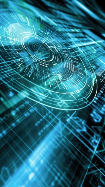 Una imagen azul y verde de una pantalla de computadora con un círculo azul en el medio