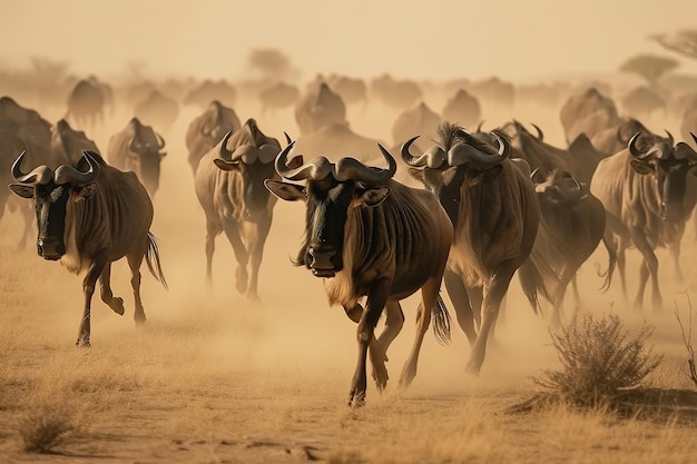 Imagen de bandada de ñus en un prado seco sobre fondo natural Ilustración de animales salvajes IA generativa