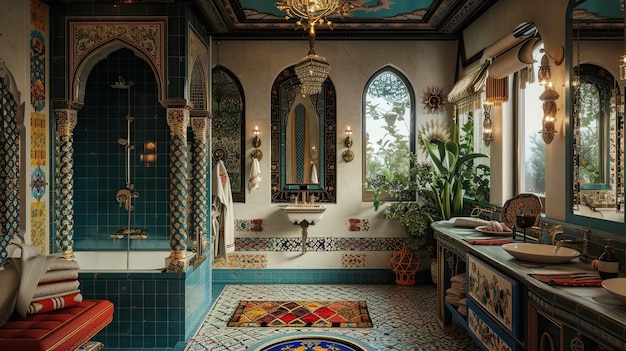 Imagen de un baño lleno de diseño de estilo barroco, adornos interiores, azulejos, velas de inodoro, atmósfera acogedora, patrones de espejo, pompa dorada, columnas de alfombras de toallas, generadas por IA.