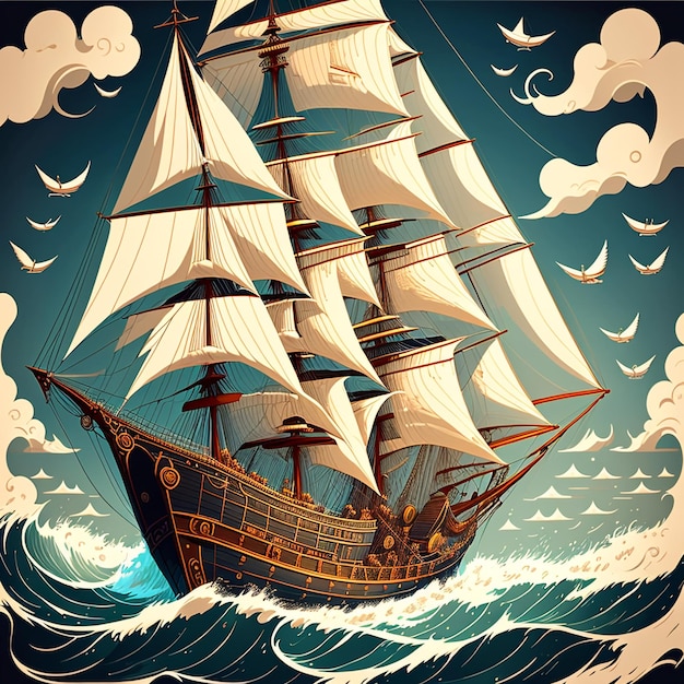 una imagen de un barco navegando en el diseño de arte de camiseta de vector de océano