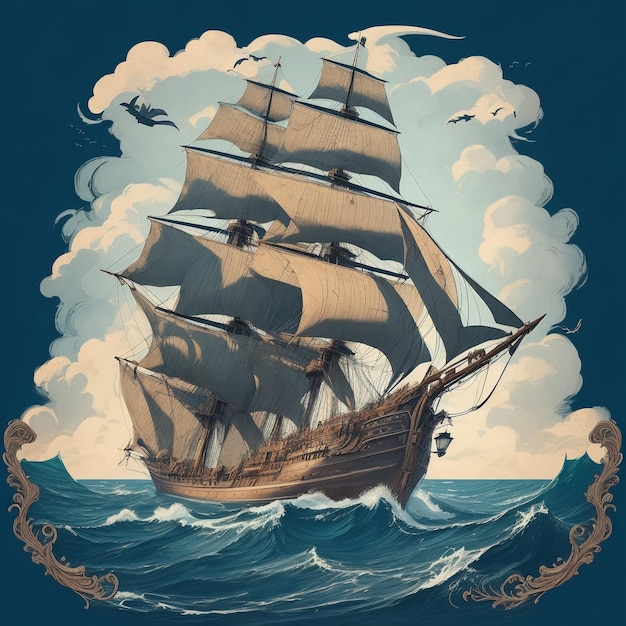 una imagen de un barco navegando en el diseño de arte de camiseta de vector de océano