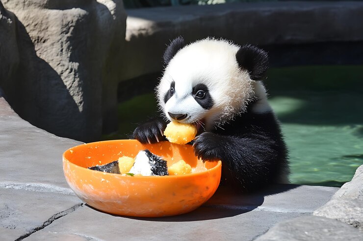 Foto imagen de un bebé panda comiendo