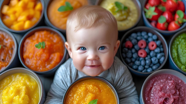 Imagen de un bebé de pie frente a varios cuencos de sopa de colores