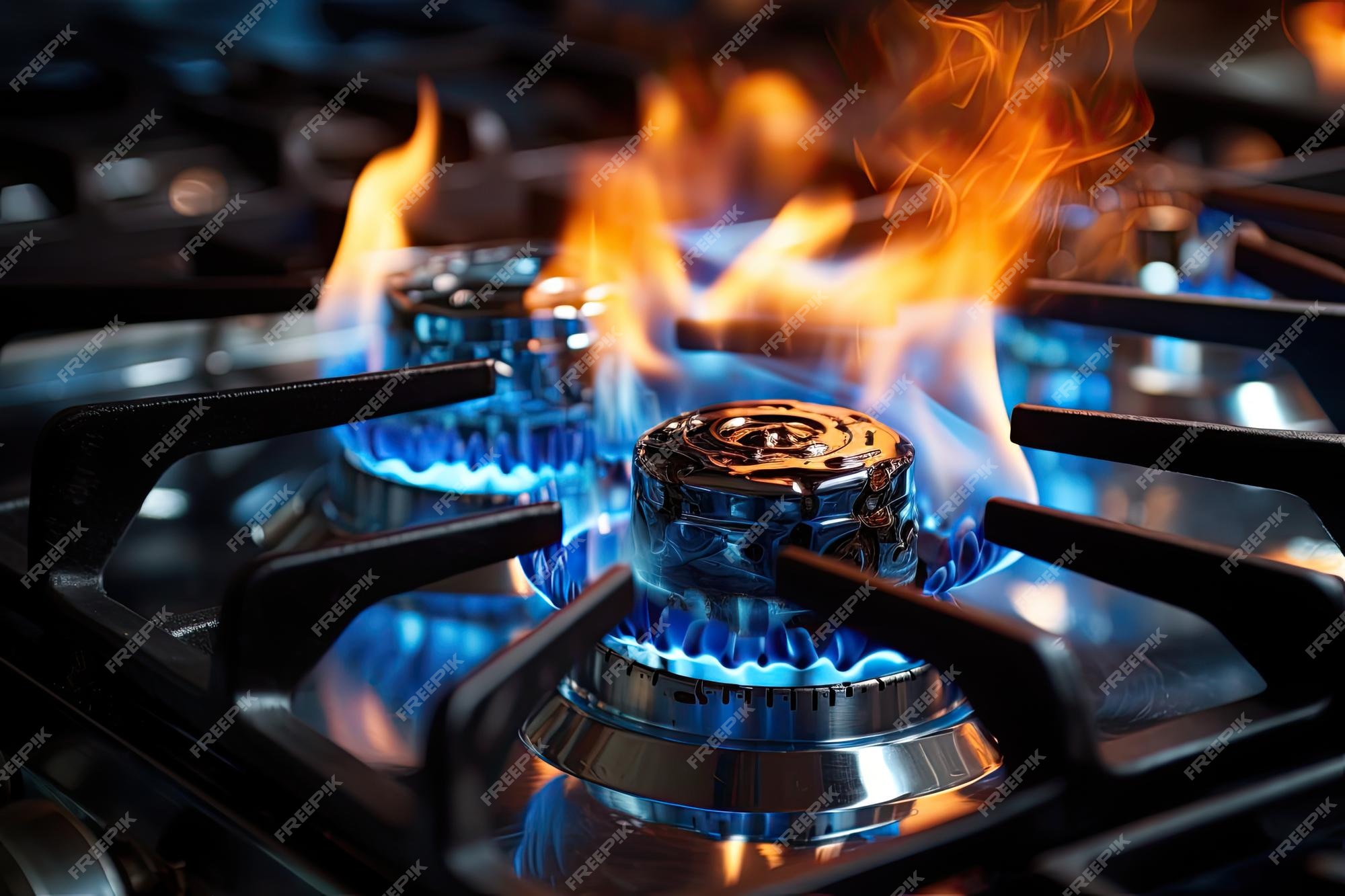 Una imagen bien enfocada que captura las intensas llamas azules de un  quemador de estufa de gas propano en una cocina hogareña