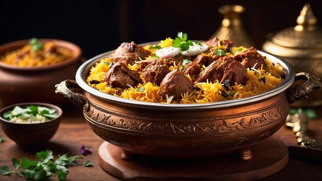 imagen de un Biryani indio centrado en la carne preparado en una olla clásica en la selección de carnes th