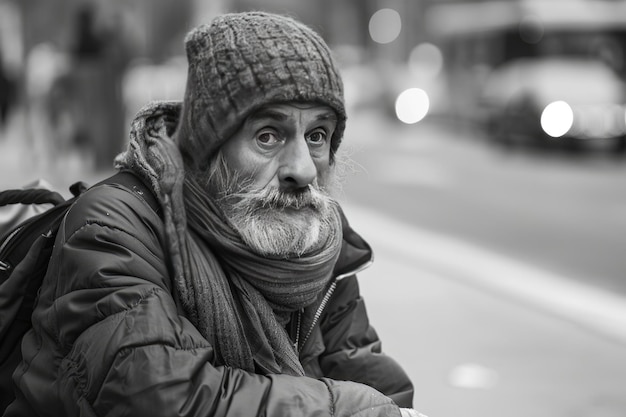 Foto una imagen en blanco y negro de un anciano sin hogar