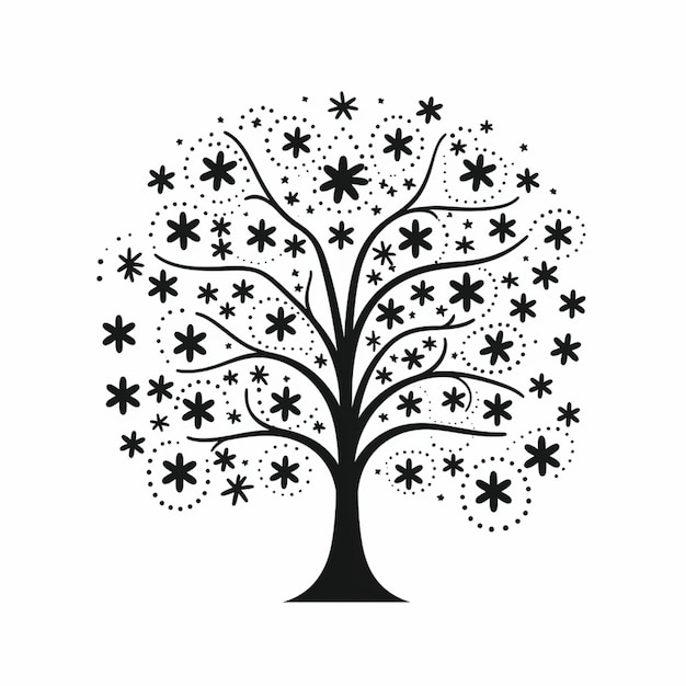 Foto una imagen en blanco y negro de un árbol con copos de nieve ai generativo