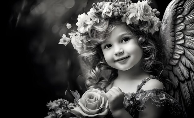Imagen en blanco y negro de un bebé ángel lindo