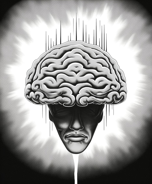 una imagen en blanco y negro de una cabeza humana con un cerebro dibujado en ella.