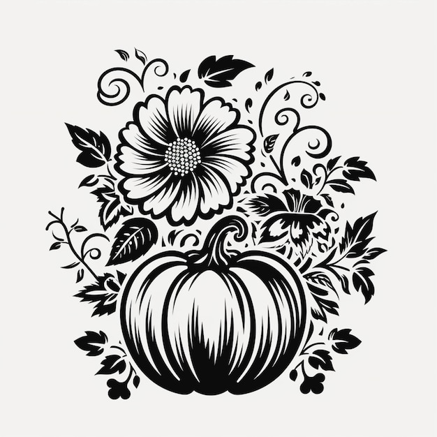 Foto una imagen en blanco y negro de una calabaza con flores generativas ai