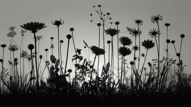 Una imagen en blanco y negro de un campo de flores.