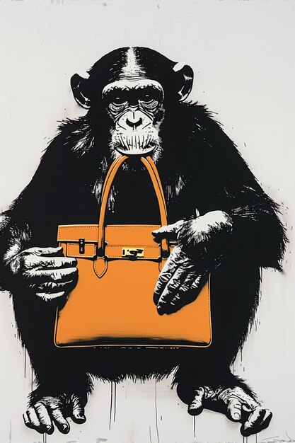 Foto una imagen en blanco y negro de un chimpancé mono sosteniendo una bolsa naranja