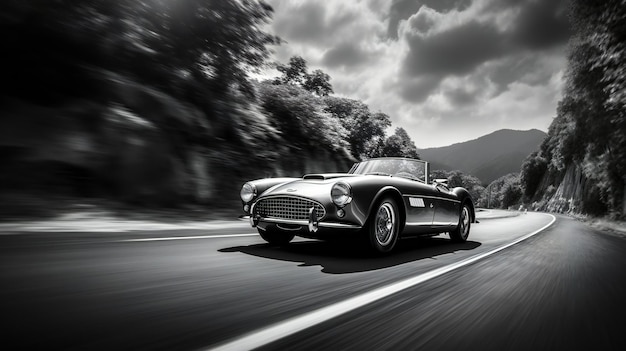 Una imagen en blanco y negro de un coche deportivo en una carretera.